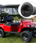 Red golf cart with inset of Universal Aluminum Steering Wheel Adapter For TXT RXV Marathon Medalist Golf Carts No Fuss Install Rust Resistant Alloy Premium Finish Durable Black Accessory
