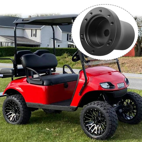 Red golf cart with inset of Universal Aluminum Steering Wheel Adapter For TXT RXV Marathon Medalist Golf Carts No Fuss Install Rust Resistant Alloy Premium Finish Durable Black Accessory