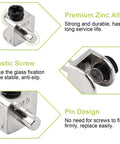 Rock Solid Wall Mounted Glass Shelf Brackets 20 Piece Zinc Alloy Pin Clamps showing premium zinc alloy material and plastic screw design.
