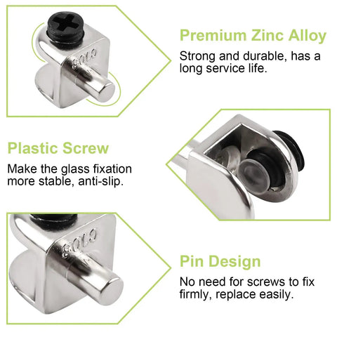 Rock Solid Wall Mounted Glass Shelf Brackets 20 Piece Zinc Alloy Pin Clamps showing premium zinc alloy material and plastic screw design.