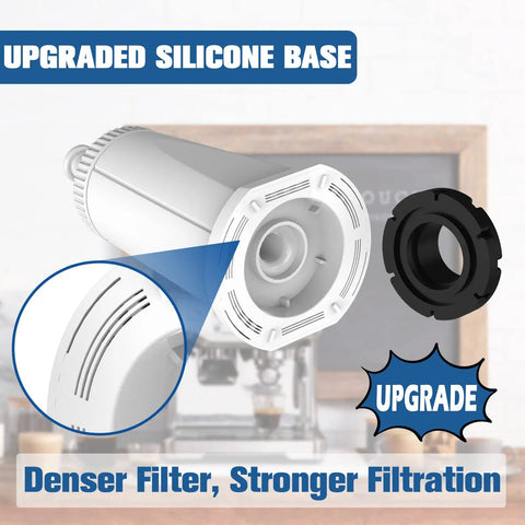 Top Shelf Coconut Activated Carbon Water Filter Replacement For Compatible Espresso Machines Scrubs Chlorine And Scale Buildup For Fresh Smooth Pulls Every Single Day showing upgraded silicone base and denser filter design.