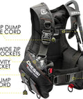 Close-up of Beginner Diver Starter Pro Kit With Start Pro 2.0 BCD showing adjustable chest buckle and top dump valve cords, size XL.