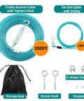 Heavy Duty 200 Foot Dog Runner With 10 Foot Tie Out Cable for Large Dogs up to 250 lbs, including accessories and storage bag