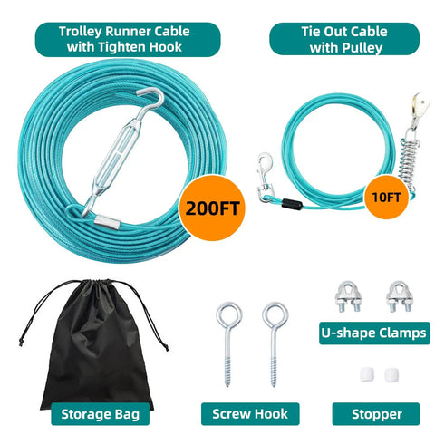 Heavy Duty 200 Foot Dog Runner With 10 Foot Tie Out Cable for Large Dogs up to 250 lbs, including accessories and storage bag