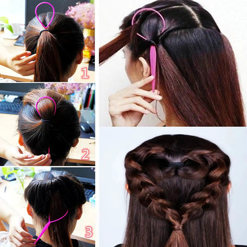Six Piece Topsy Tail and Hair Loop Styling Tool Set for Ponytail Makers, French Braid Loops, and Pull Through Tools for Durable, Reboundable Hair Accessories in Pink, Blue, Purple for Women and Girls, used for ponytail and braid styling