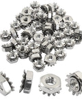 Pile of 304 stainless steel Eight To Thirty-Two K-Lock Nuts With External Tooth Washer For Secure Fasteners Hardware Pack Of 50