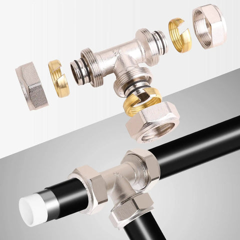 Three Quarter Inch Air Piping Tee Fittings, Nickel Brass Plated, 200 PSI Working Pressure, Quick Connect Compression for Shop Garage