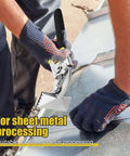 Pro Grade 3 Inch Curved Jaw Offset Hand Seamer in use for sheet metal bending, showing multi use pliers for roofing and car repairs.