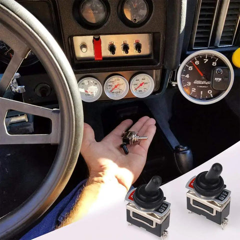 Heavy Duty Waterproof Toggle Switch Pack Six SPST SPDT Marine Rocker On Off 2 Pin Momentary shown in vehicle dashboard