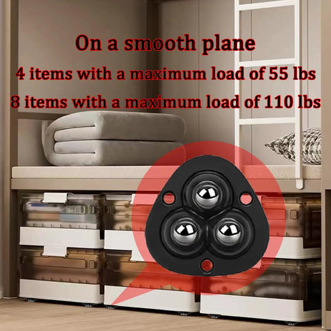 No Sweat Setup Self Adhesive Mini Caster Wheels Low Profile Smooth Riding Rollers mounted on storage bins in a home setting.