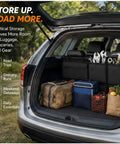 Multi Pocket Rear Seat Bag Optimized For Tesla Cybertruck 2023 Through 2026 shows cargo space filled with bags and tools.