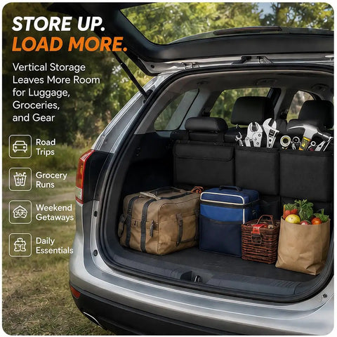 Multi Pocket Rear Seat Bag Optimized For Tesla Cybertruck 2023 Through 2026 shows cargo space filled with bags and tools.
