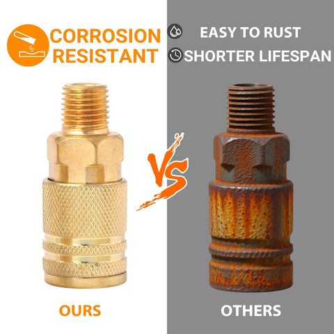 Corrosion resistant brass quick connect hose fitting vs rusted fitting comparison