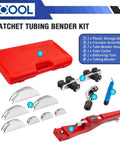 Tubing Bender Kit With Seven Exchangeable Heads One Quarter To Seven Eighths Inch For Soft Copper And Aluminum HVAC Refrigeration Systems Includes A Handy Tube Cutter And Pro Grade Aluminum Alloy Build shown with components and red case.