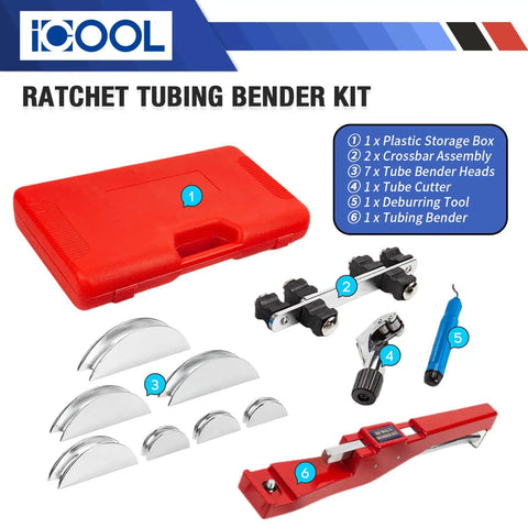 Tubing Bender Kit With Seven Exchangeable Heads One Quarter To Seven Eighths Inch For Soft Copper And Aluminum HVAC Refrigeration Systems Includes A Handy Tube Cutter And Pro Grade Aluminum Alloy Build shown with components and red case.