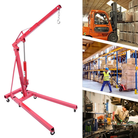 Tough as Nails Hydraulic Engine Hoist 1 Ton Cherry Picker, red steel crane with smooth wheels for easy lifting. Ideal for garages.