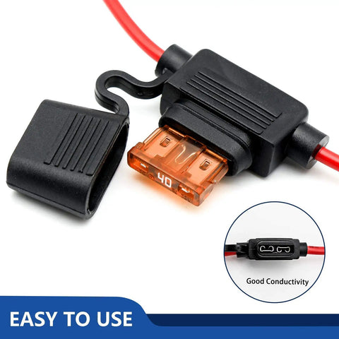 Heavy Duty 10 Gauge Inline Fuse Holder Kit For 12 Volt Systems Waterproof Red Fuse Holder For ATC ATO Blade Fuses Up To 40A Includes Six 40A Fuses Perfect For Cars Boats And DIY Electrical Projects close-up view with cover open