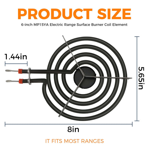 6 Inch MP15YA Electric Range Burner Coil Element 1500W Four Turn Replacement 660532 for Whirlpool Cooktops shown with dimensions