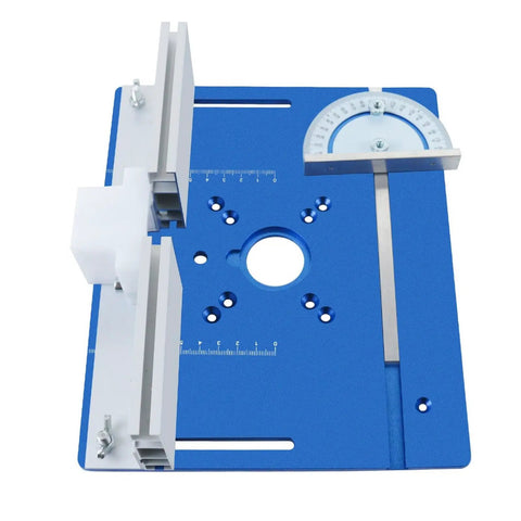 Aluminum Router Table Lift Kit With Knucklehead Proof Calibration, blue platform with measurement markings for precision routing.