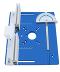 Premium Router Lift Kit With Aluminum Base Plate And Insert Plate For Woodworking, blue base with clear scale and angle guide.