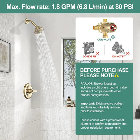 Shower Faucet With Valve And 5 Spray Touch Clean Shower Head, Single Handle Trim Kit, wall mounted in modern bathroom setting.