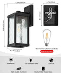 Outdoor Wall Sconce Lantern, Vintage Waterproof Wall Mount Light Fixture, Matte Black Anti Rust Aluminum Lamp With Water Ripple Glass Shade, Porch Patio Garden Entryway Lighting displayed with dimensions.