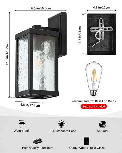 Outdoor Wall Sconce Lantern, Vintage Waterproof Wall Mount Light Fixture, Matte Black Anti Rust Aluminum Lamp With Water Ripple Glass Shade, Porch Patio Garden Entryway Lighting displayed with dimensions.