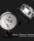 Close-up of dual pickup system on Brutus Spincast Fishing Reel With Reversible Left Or Right Handle Dual Stainless Steel Pickup System