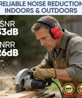 Adult Noise Canceling Earmuffs With 26dB NRR For Hearing Protection used by man in construction, wearing red earmuffs, operating saw.
