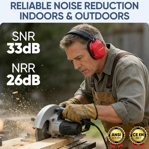 Adult Noise Canceling Earmuffs With 26dB NRR For Hearing Protection used by man in construction, wearing red earmuffs, operating saw.