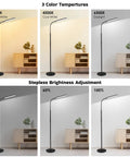 Ultra Bright 15W LED Floor Lamp with remote, showcasing 3000K-6000K color temperatures and stepless brightness adjustment in a living room.