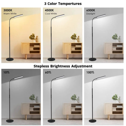 Ultra Bright 15W LED Floor Lamp with remote, showcasing 3000K-6000K color temperatures and stepless brightness adjustment in a living room.