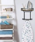 Wall Mounted Ironing Board Hanger And Iron Holder With Large Black Wooden Base Basket Removable Hooks Space Saving Laundry Room Organizer For T Shaped Leg Irons Not For Y Leg Boards holding iron and organizer next to shelving unit.