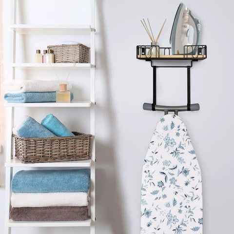 Wall Mounted Ironing Board Hanger And Iron Holder With Large Black Wooden Base Basket Removable Hooks Space Saving Laundry Room Organizer For T Shaped Leg Irons Not For Y Leg Boards holding iron and organizer next to shelving unit.