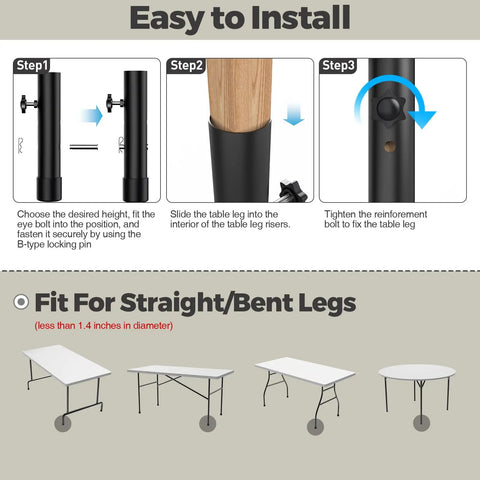 Installation guide for Heavy Duty Adjustable Table Leg Extenders deliver two game changer heights at three point five and five inches.