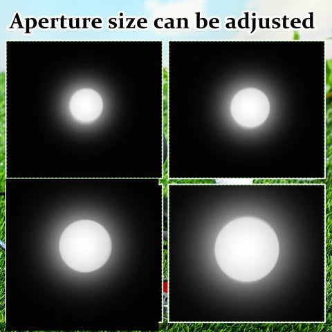 Indoor Golf Spot Light For Simulators And Practice, Adjustable Pin Spotlight with varying aperture sizes shown in four images.