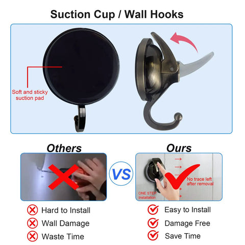 Heavy Duty Shower Suction Cup Hooks Bronze 2 Pack No Drill No Holes Reusable Glass Hangers For Robes Garlands And Bath Accessories Durable Strong Hold Up To 15 Pounds with easy installation illustration