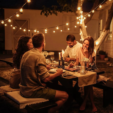 G40 Replacement Light Bulbs 120V 5W Warm White E12 Candelabra Base Dimmable Clear Glass Globe Edison Style 25 Pack illuminating outdoor dinner