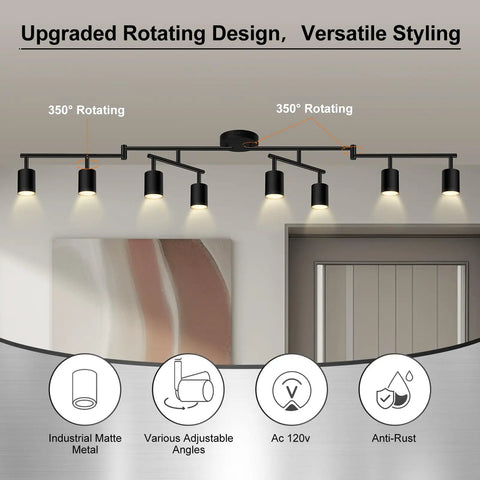 Eight Light Matte Black LED Track Lighting System For Kitchen And Hallway Adjustable Rotatable Heads Installed on Ceiling