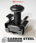 Bulletproof M5 Cage Nuts And Screws Pack With Washers For Quick Square Hole Rack Mount Hardware Upgrade On Server Cabinets Router Stands And Av Studio Racks, black carbon steel screw with cage nut detail.
