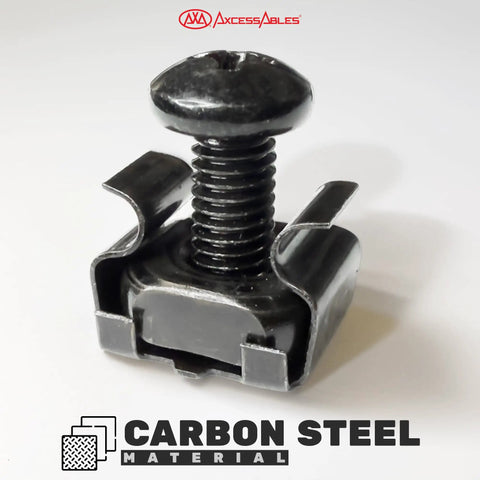 Bulletproof M5 Cage Nuts And Screws Pack With Washers For Quick Square Hole Rack Mount Hardware Upgrade On Server Cabinets Router Stands And Av Studio Racks, black carbon steel screw with cage nut detail.
