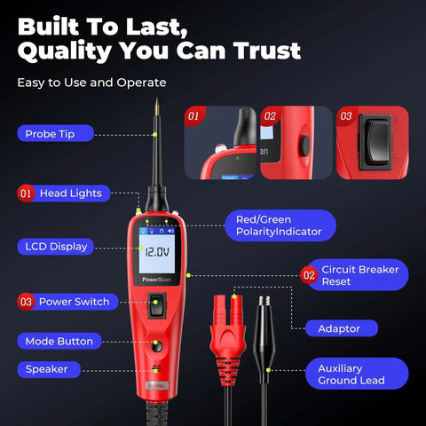 12-24V Car Circuit Tester Kit With Power Probe, Short and Open Finder, All in One Auto Electrical Diagnostic Tool for Voltage, Polarity, Continuity, Signal Circuit Diagnosis, Component Activation, and Bad Ground Checks, red probe with LCD and leads