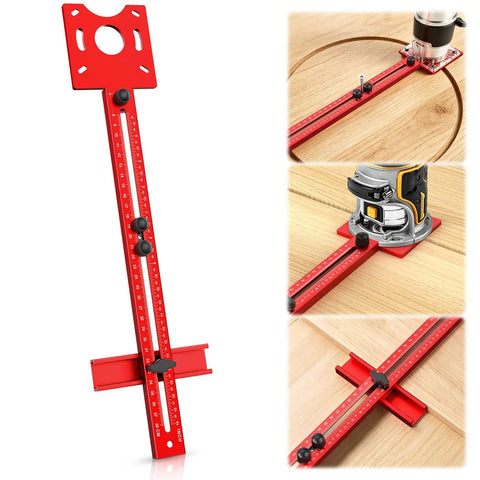 Bulletproof Adjustable Router Circle Cutting Jig For Compact Shop Setups Smooth Arc Routing And Super Precise Curved Edge Trimming Made Dead Simple, red jig showing measurement scale.