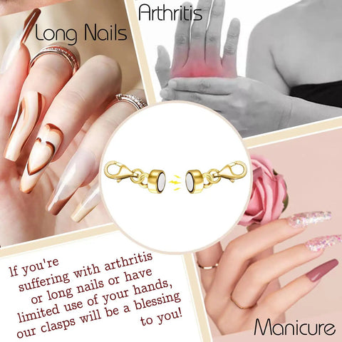 Magnetic Necklace Clasp Set With Double Lobster Clasps, Extra Strong Extender For Bracelets, easy-use shown for long nails and arthritis
