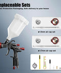 R500 LVLP Paint Gun With 1.3mm 1.5mm And 1.7mm Nozzles Air Regulator Teflon Coated Finish Pro Grade Sprayer shown with accessories