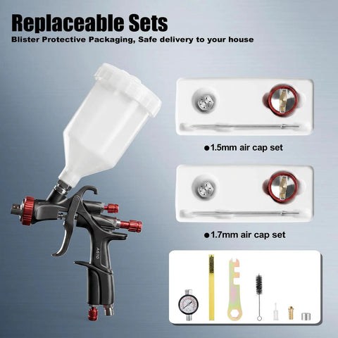 R500 LVLP Paint Gun With 1.3mm 1.5mm And 1.7mm Nozzles Air Regulator Teflon Coated Finish Pro Grade Sprayer shown with accessories