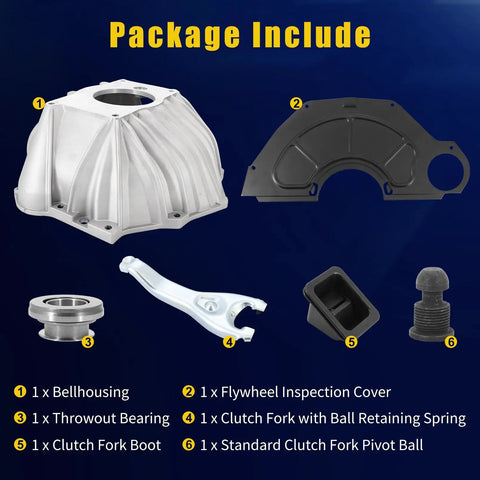 Beefed Up Bell Housing Kit With 11 Inch Clutch Fork Throwout Bearing And Cover For Chevy Camaro Chevelle Malibu Monte Carlo Corvette Caprice Bel Air Biscayne 1959 To 1988 Fits SBC BBC, cast aluminum parts