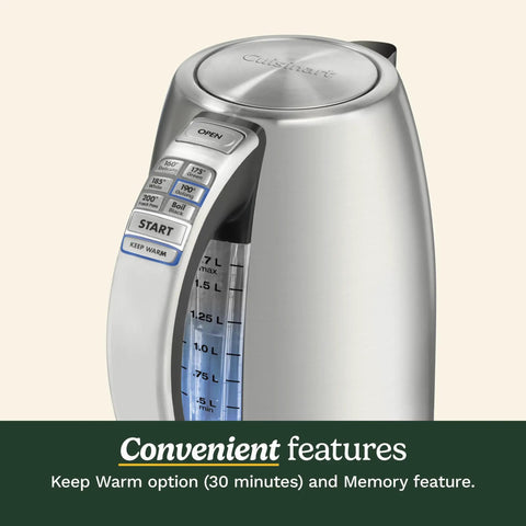 PerfecTemp 1.7 Liter Electric Kettle Cordless With 1500W Fast Heat Up And 6 Preset Temperatures 30 Minute Keep Warm Stay Cool Nonslip Handle Easy Pour For Tea Coffee Oats And More, side view showing control panel with presets.