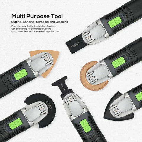 Close-up of Power Packed Oscillating Multi Tool Kit with 2.4 Amp Motor, showcasing multiple accessory blades.