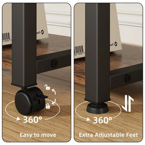 Large Printer Stand With Storage Drawer And Two Tier Under Desk Table for Home Office showing wheels and adjustable feet details